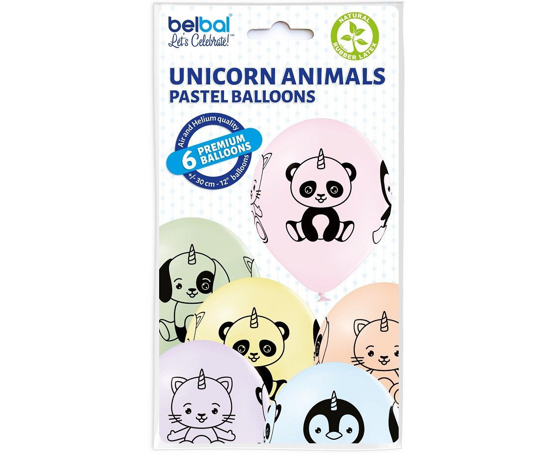 Balloons Belbal 12", D11, pastel mix unicorn animals, 6 pcs